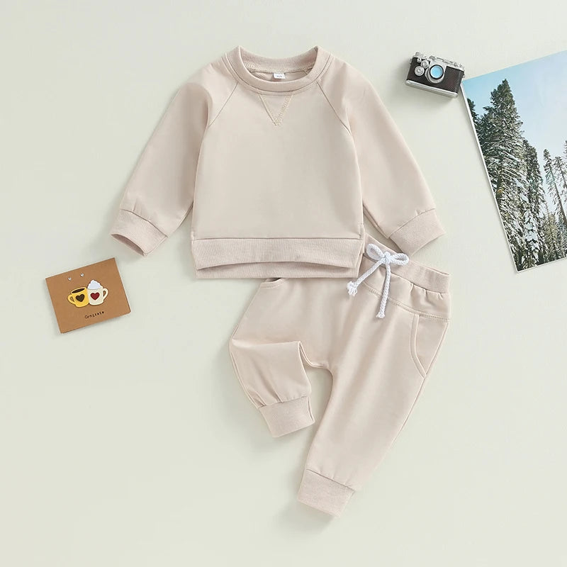 Toddler Boys Girl 2Pcs Fall Outfits Solid Crew Neck Long Sleeve Sweatshirts Long Pants Clothes