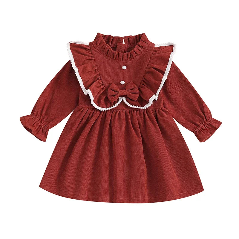 Autumn Spring Little Girl Corduroy Dress Mock Neck Ruffled Long Sleeve Bow Decor A-Line Dress