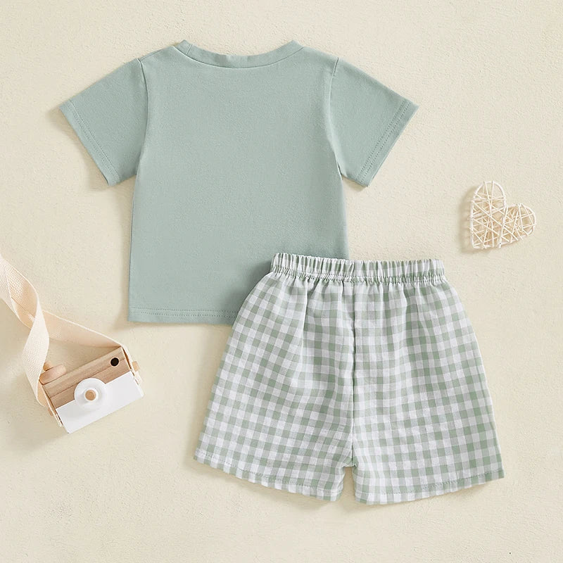 Toddler Boy Summer Outfits Pocket Round Neck Short Sleeve Tops with Plaid Pattern Shorts Outfit
