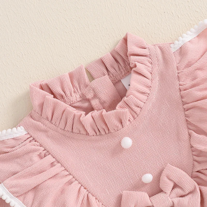Autumn Spring Little Girl Corduroy Dress Mock Neck Ruffled Long Sleeve Bow Decor A-Line Dress