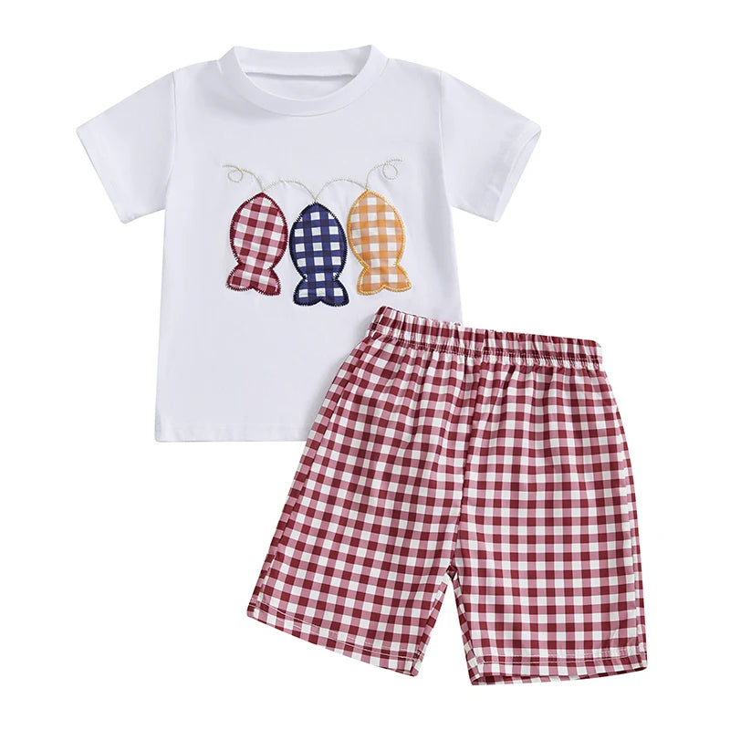Summer Kid Boys Shorts Sets Short Sleeve O Neck Fish Embroidery Tops and Plaid Shorts Sets