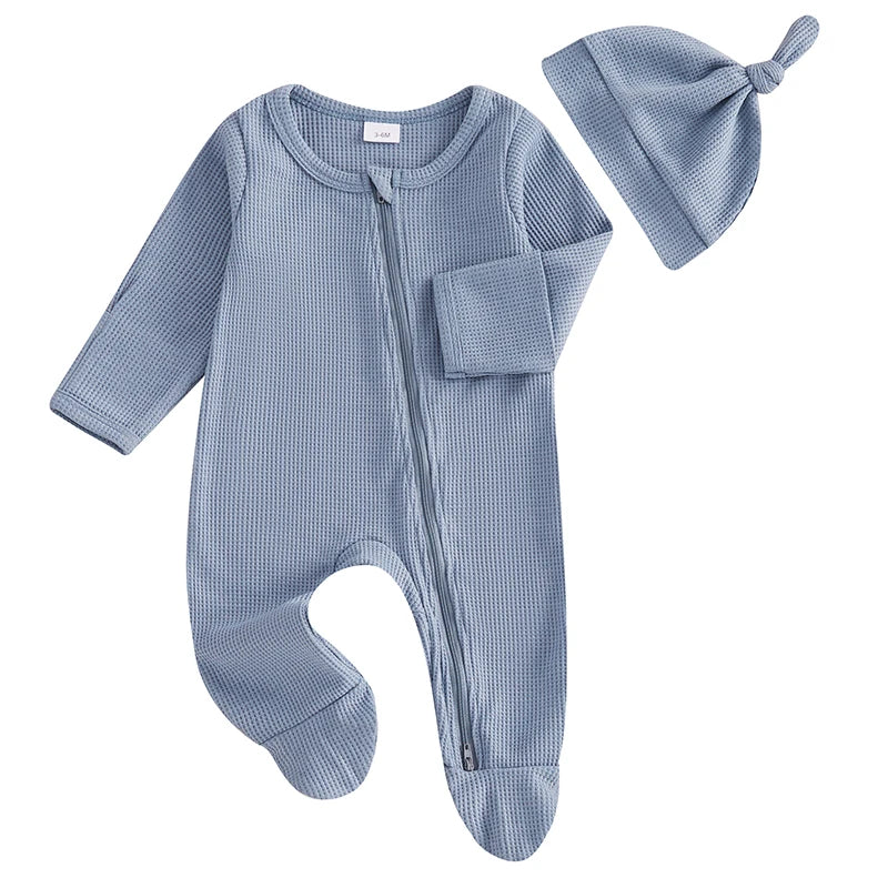 Baby Solid Color Waffle Long Sleeve Crew Neck Zipper Footed Jumpsuit with Hat