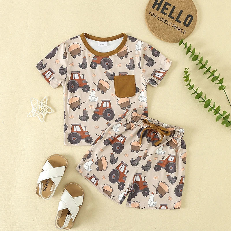 Toddler Boy Girl Summer Clothes Cute Farm Baby Chicken Outfit Set Short Sleeve Cartoon T-Shirt and Shorts