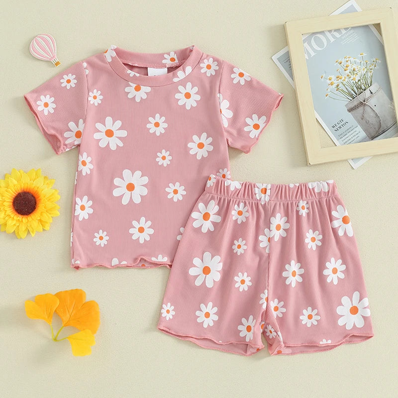 Toddler Baby Girl Summer Clothes Floral Short Sleeve Crewneck T-Shirts Shorts Set Outfit