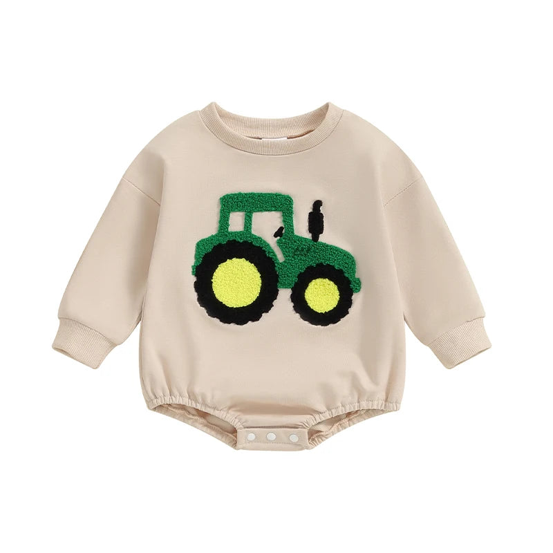 Baby Boys Romper Long Sleeve Crewneck Tractor Embroidery Casual Playsuit