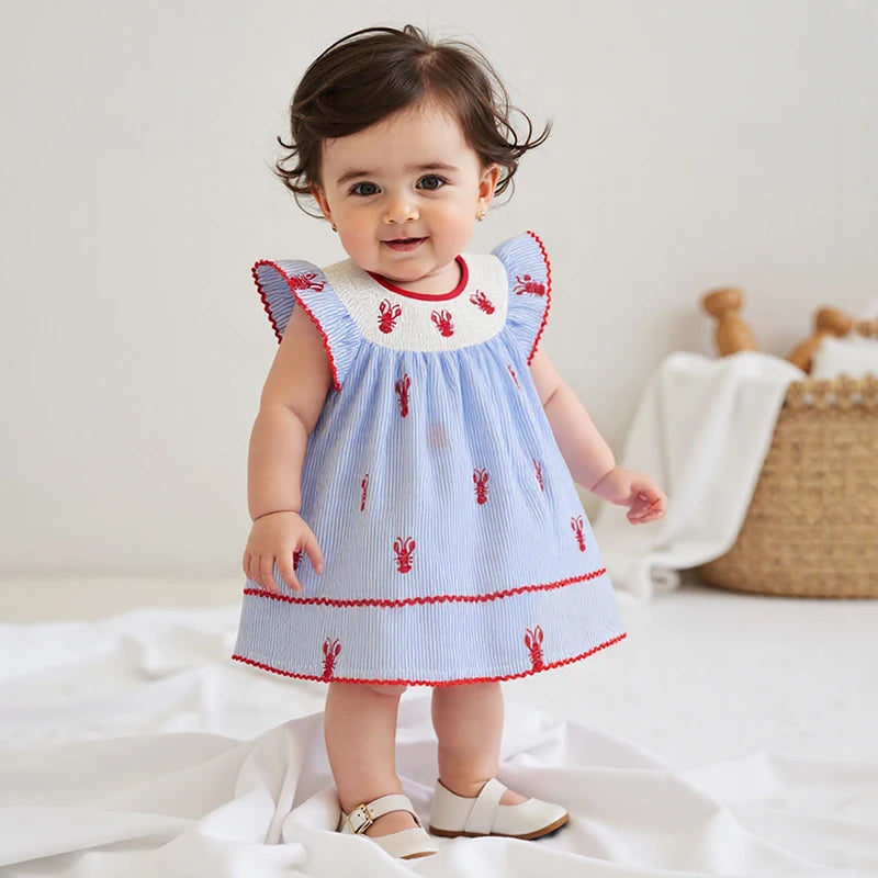 Girls Summer Casual Mini Dress Lobster Embroidery Striped Print Ruffles O-neck Party A-line Dress