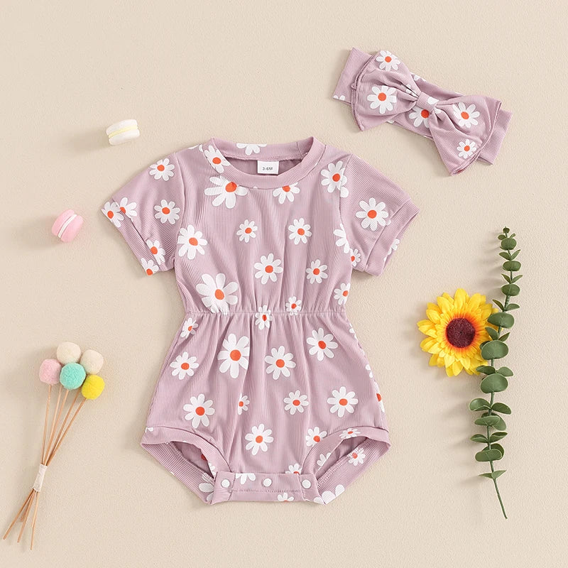 Summer Infant Baby Girls Rompers Short Sleeve O Neck Floral Jumpsuit with Headband