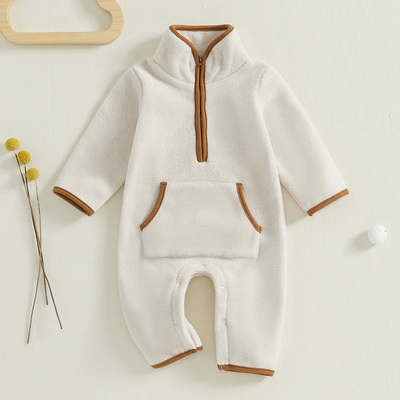 Baby Boys Fleece Long Sleeve Plush Zip Up Romper With Pockets
