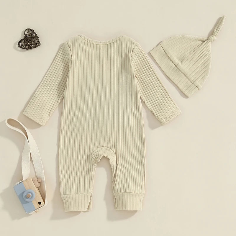 Baby Boy Jumpsuit and Hat Set Long Sleeve Round Neck "Lil Bro" Letter Print Ribbed Romper with Cap Outfit