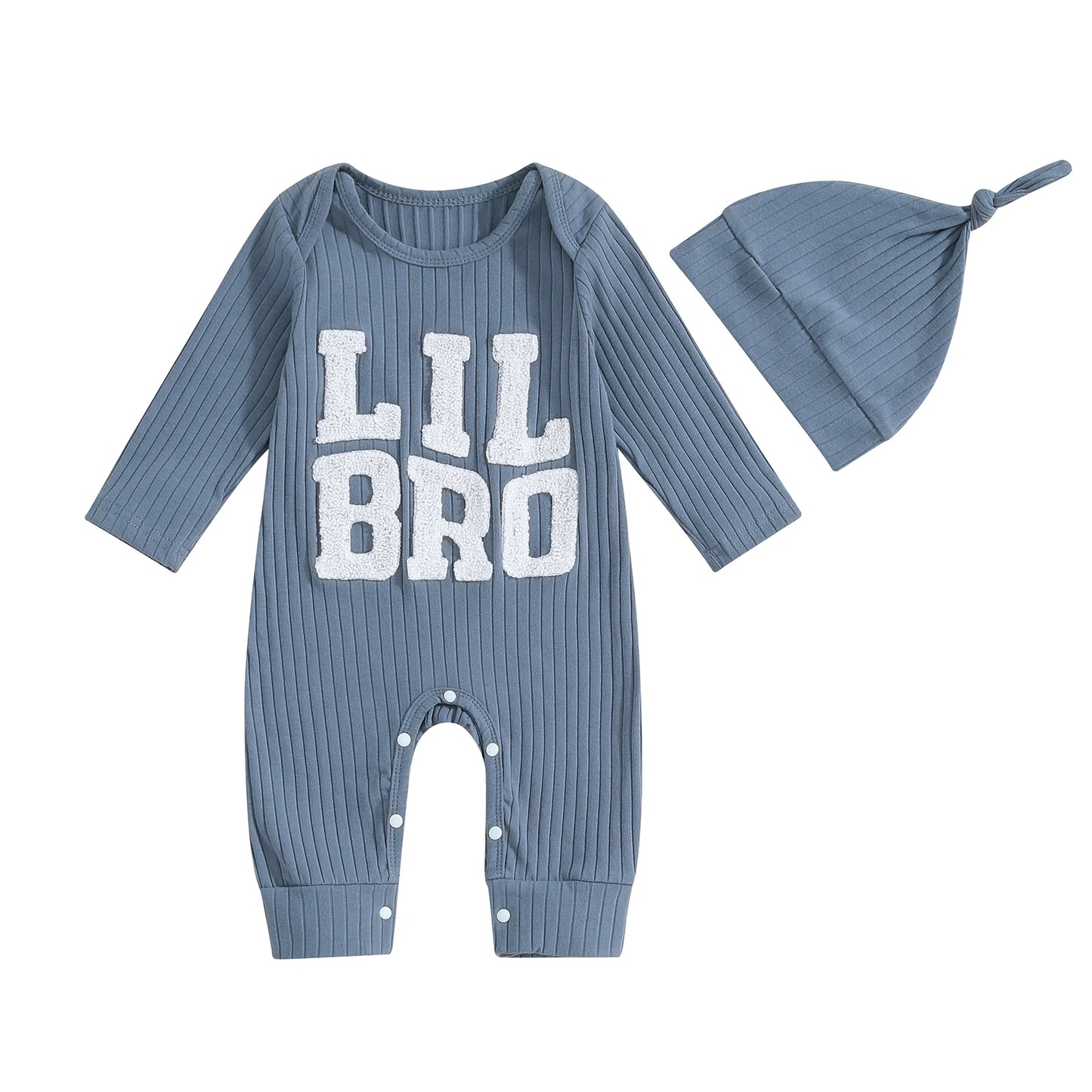 Baby Boy Jumpsuit and Hat Set Long Sleeve Round Neck "Lil Bro" Letter Print Ribbed Romper with Cap Outfit