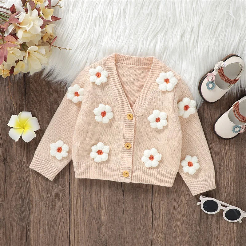 Winter Baby Girl Cardigan Long Sleeve V Neck Button Closure Flower Knit Sweater Baby Girl Sweater