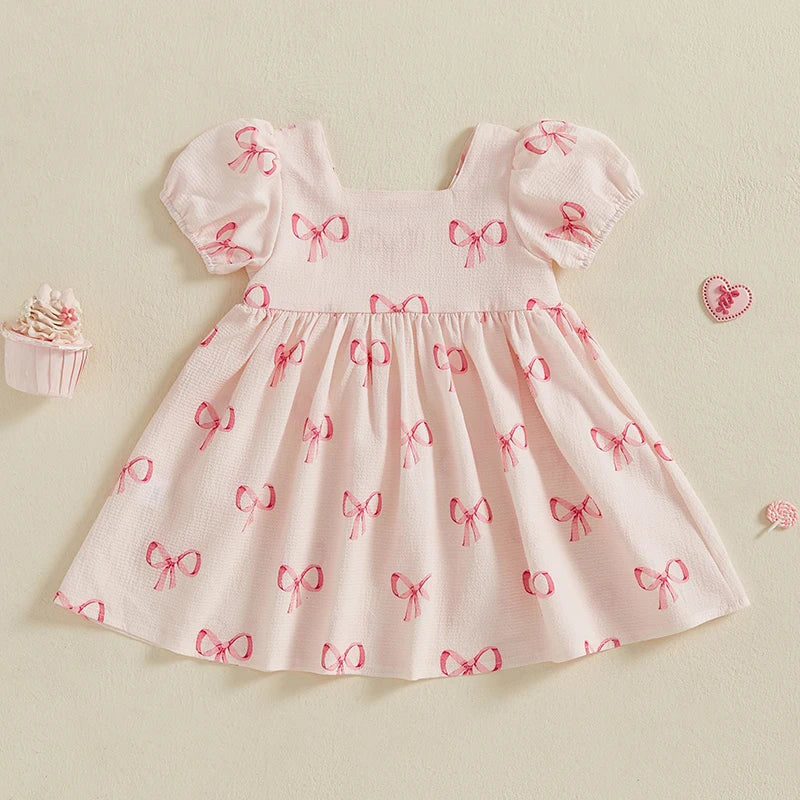 Toddler Girls Dress Bowknot Print Sqaure Neck Short Sleeve Casual Dress Baby Summer Dress