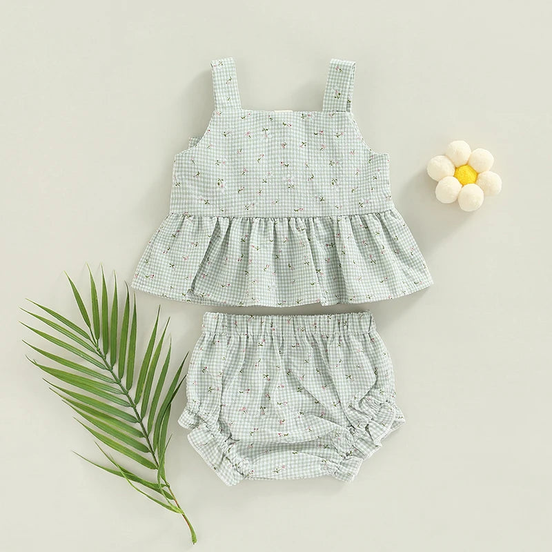 Summer Infant Baby Girl Outfits Suit Plaid Pattern Floral Printed Bowknot Suspender Tops Shorts Clothes Set