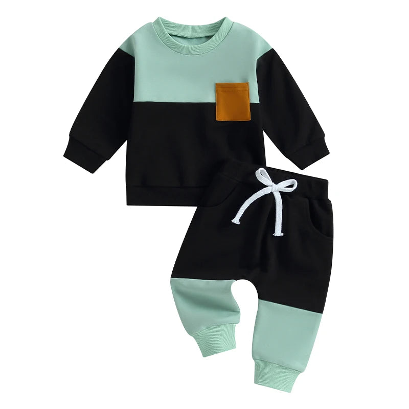 Baby Boy 2Pcs Autumn Pants Set Contrast Color Long Sleeve Crew Neck Sweatshirt Sweatpants Clothes
