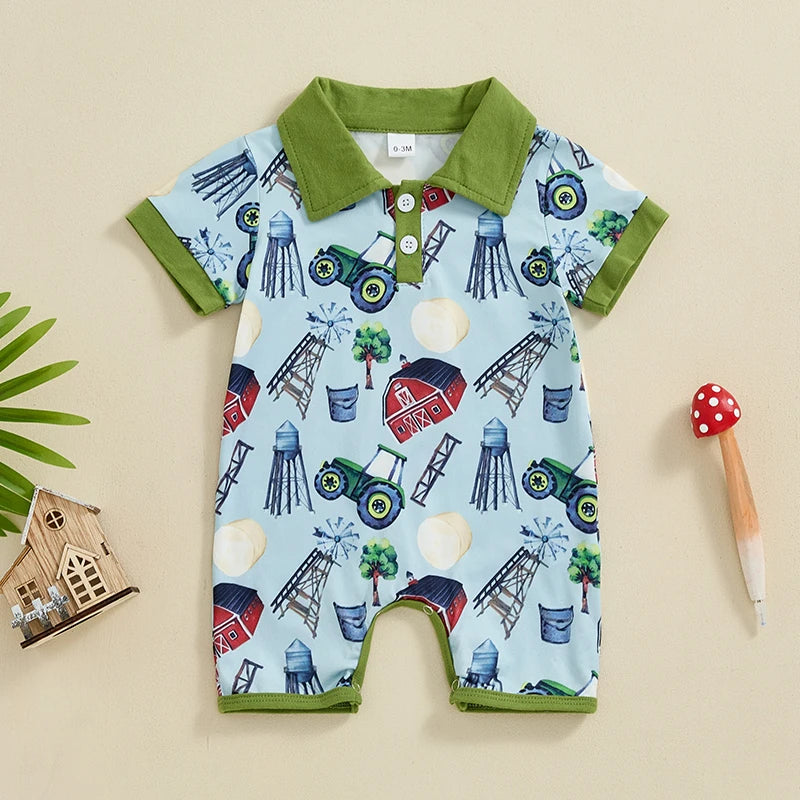 Baby Boys Summer Button Romper Short Sleeve Lapel Western Elements Print Jumpsuit