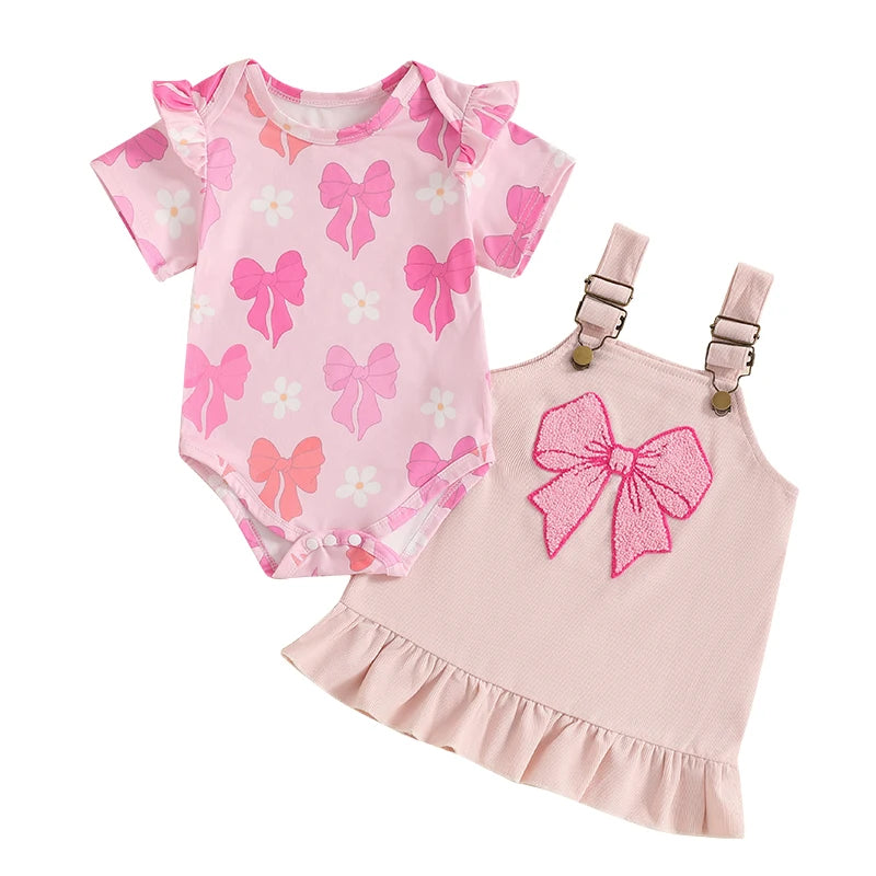 Summer Infant Baby Girls Outfits Short Sleeve Romper + Ruffle Overall Dress Set Casual Clothes