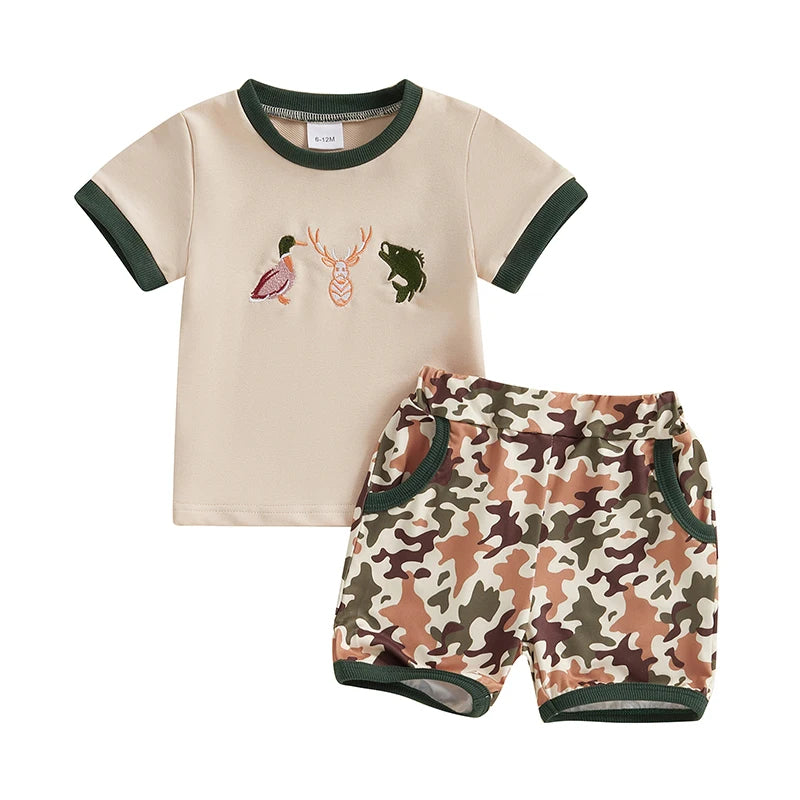 Toddler Baby Boys Summer Outfits Duck Embroidery Short Sleeves T-Shirt and Elastic Camouflage Shorts Clothes Set