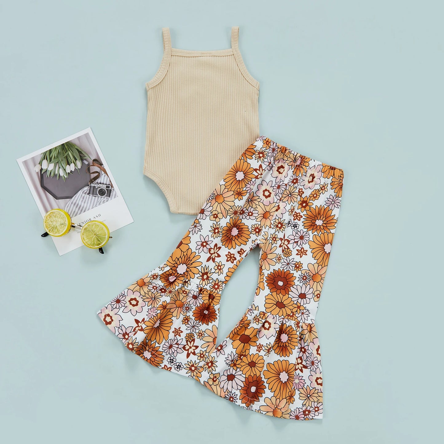 Baby Girl Pants Set Square Neck Solid Ribbed Romper Floral Elastic Waist Flared Long Pants
