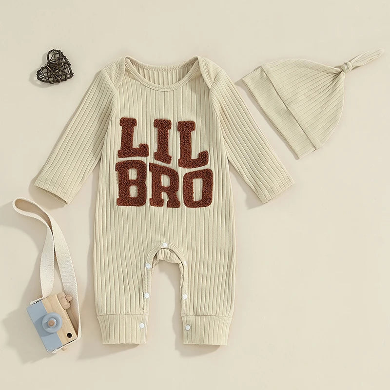 Baby Boy Jumpsuit and Hat Set Long Sleeve Round Neck "Lil Bro" Letter Print Ribbed Romper with Cap Outfit