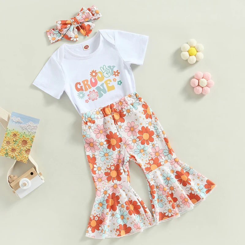 Toddler Baby Girls 3Pcs Outfit Set Short Sleeve Letter Print Romper Floral Flared Pants