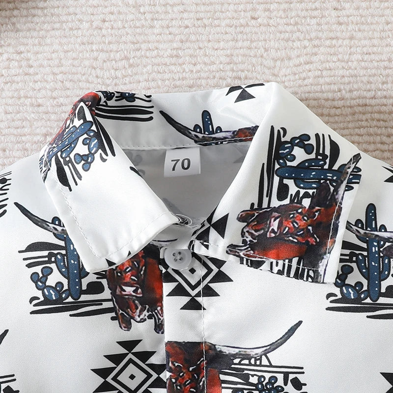 Baby Boys Long Sleeve Lapel Western Cattle/Horse Print Button Romper