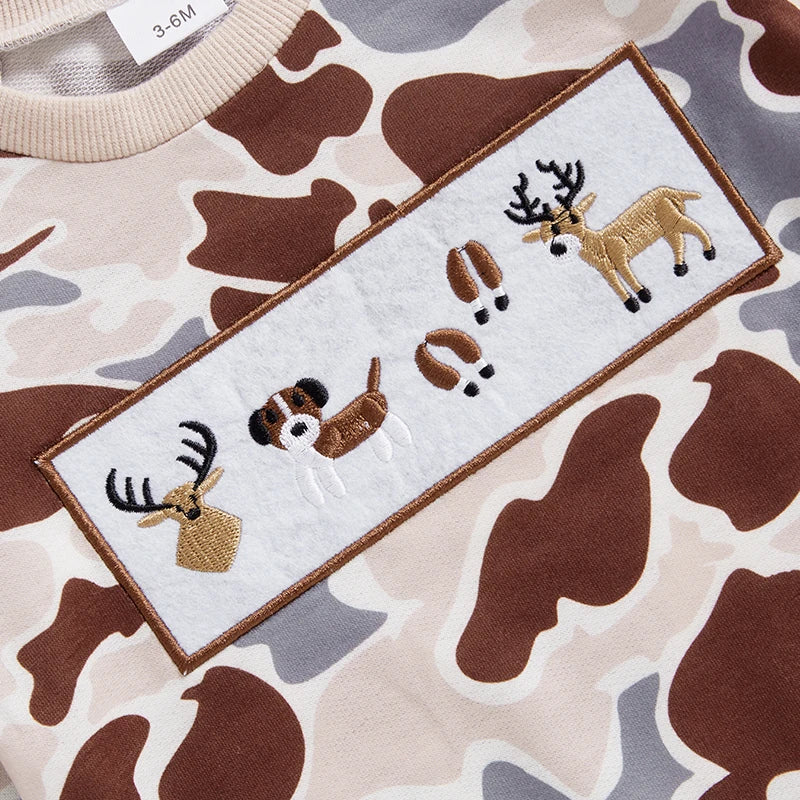 Baby Boy Camouflage Dog Reindeer Embroidered Long Sleeve Sweatshirt Jumpsuit Romper