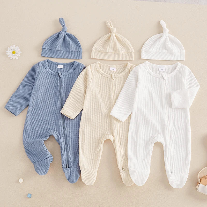 Baby Solid Color Waffle Long Sleeve Crew Neck Zipper Footed Jumpsuit with Hat