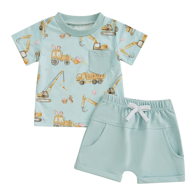 Toddler Boy Summer Outfits Excavator Print Round Neck Short Sleeve Tops with Elastic Waist Shorts Outfit