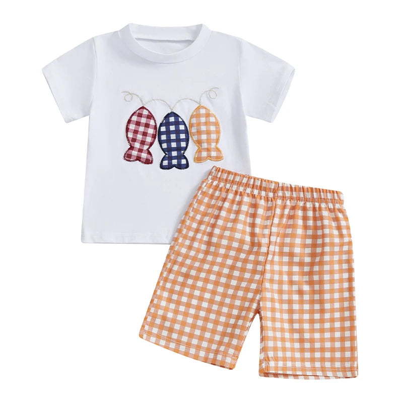 Summer Kid Boys Shorts Sets Short Sleeve O Neck Fish Embroidery Tops and Plaid Shorts Sets