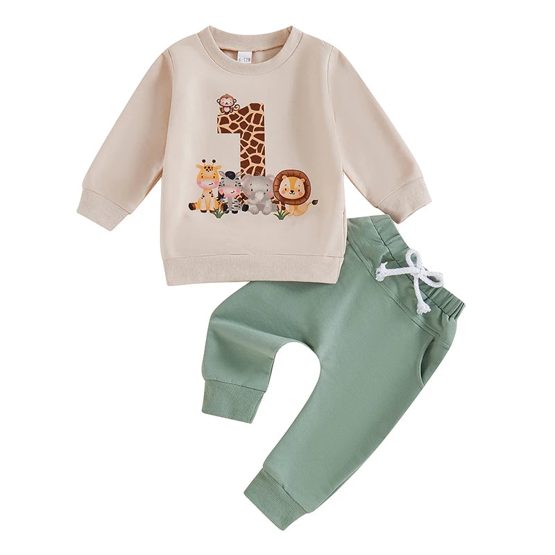 Baby Boy First Birthday Outfit, Animal Print Long Sleeve Sweatshirt Elastic Waist Pants Set for Fall