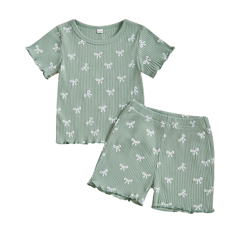 Toddler Baby Girl Bow Ribbed Outfit Lettuce Trim Short Sleeve Tops Elastic Waist Shorts Summer Set
