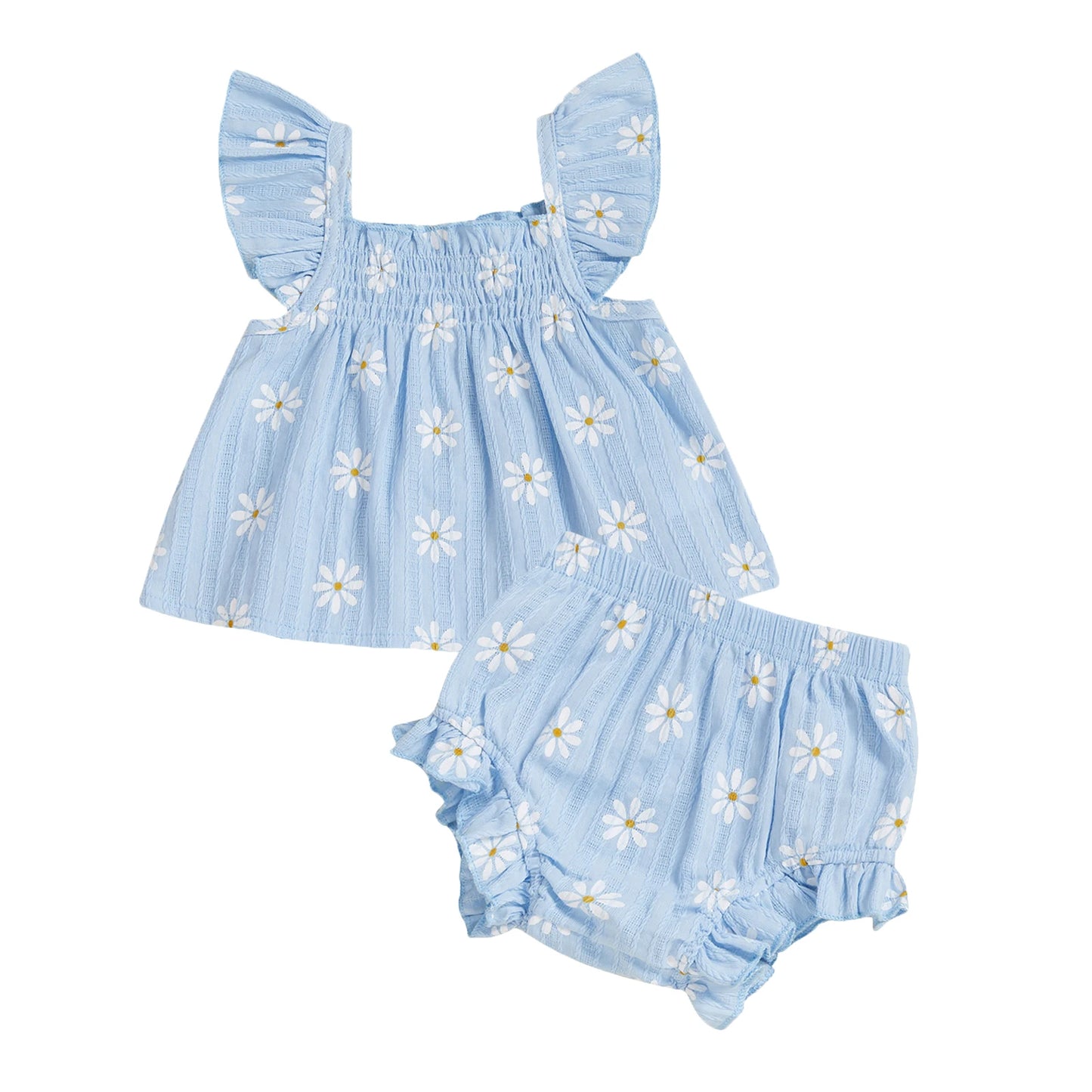 Baby Girl Daisy Outfit Smocked Flying Sleeve Babydoll Tops Elastic Waist Ruffle Shorts Cute Summer Clothes 2Pcs Set