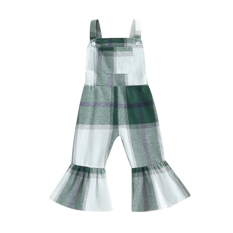 Little Girl Plaid Overalls Casual Square Neck Sleeveless Bell Bottom Jumpsuit for Fall