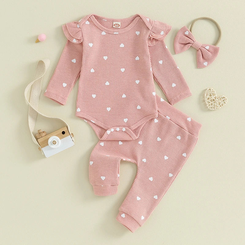 Infant Baby Girl Clothes Set Waffle Knit Heart Long Sleeve Romper Pants Headband Suit Outfits Fall Clothes