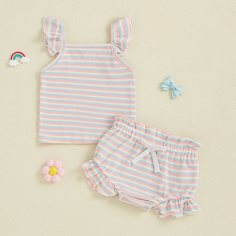 Toddler Baby Girl Striped Outfit Fly Sleeve Cami Tops Elastic Waist Ruffle Shorts Baby Girls Summer Outfit