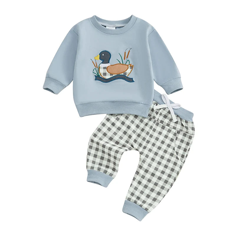 Toddler Baby Boy Girl Duck Clothes Long Sleeve Sweatshirt Plaid Elastic Waist Long Pants Outfit
