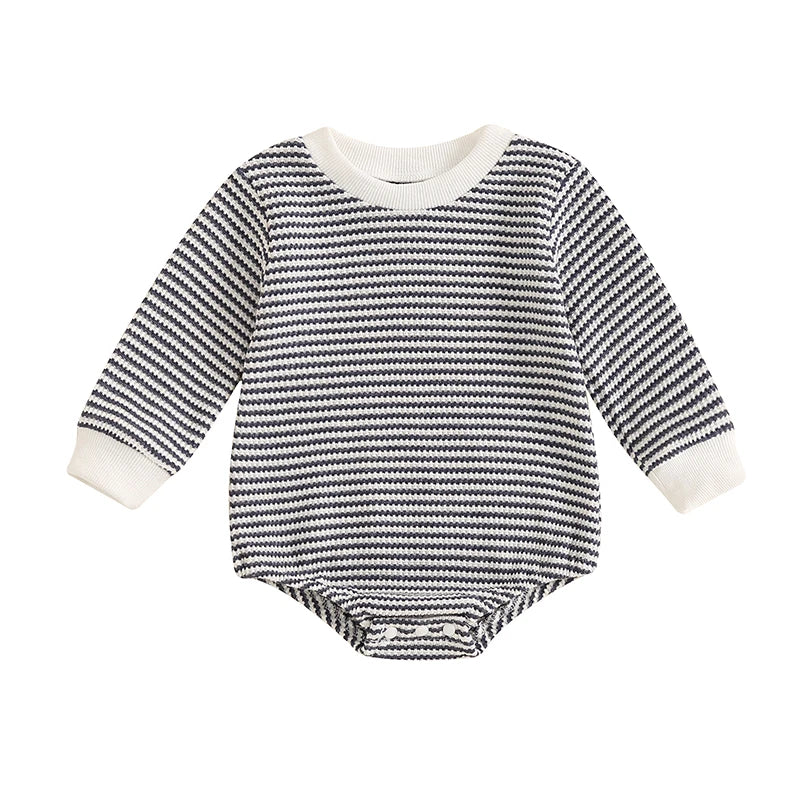 Toddler Waffle Sweatshirt Romper Casual Stripe Print Long Sleeve Jumpsuit
