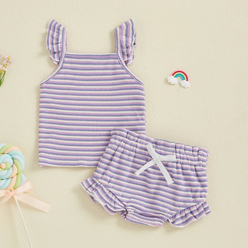 Toddler Baby Girl Striped Outfit Fly Sleeve Cami Tops Elastic Waist Ruffle Shorts Baby Girls Summer Outfit