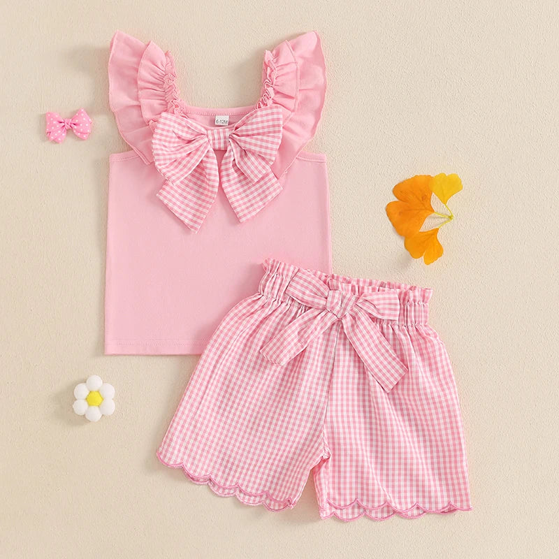Toddler Girl Summer Clothes Sleeveless Ruffled Tank Tops + Bow Decor Plaid Print Shorts 2Pcs Set