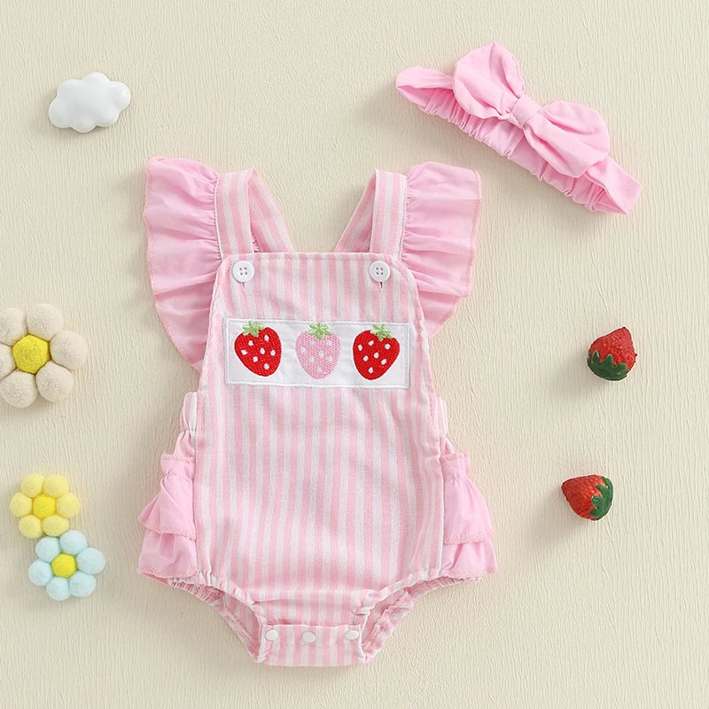 Newborn Girl Outfit Striped Embroidery Strawberry Fly Sleeve Romper with Bowknot Hairband