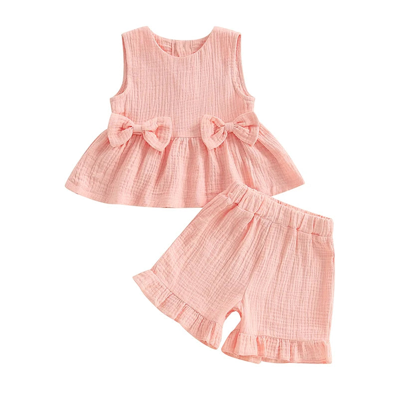 Toddler Baby Girl Summer Clothes Solid Color Bow Round Neck Tank Tops + Elastic Waist Ruffled Shorts Set
