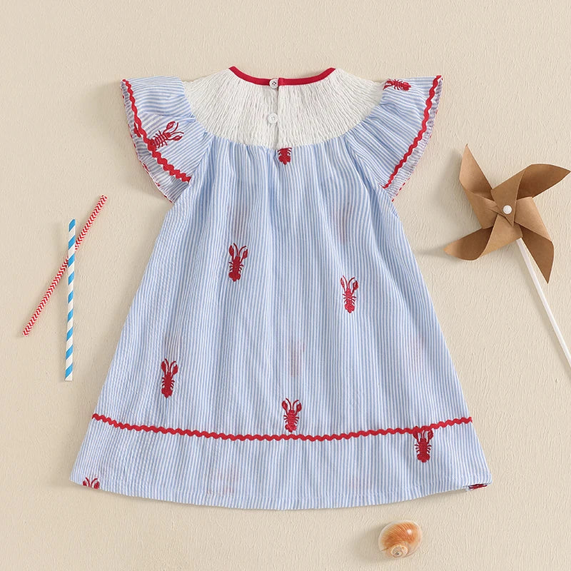 Girls Summer Casual Mini Dress Lobster Embroidery Striped Print Ruffles O-neck Party A-line Dress