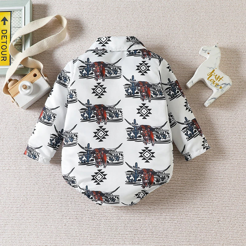 Baby Boys Long Sleeve Lapel Western Cattle/Horse Print Button Romper