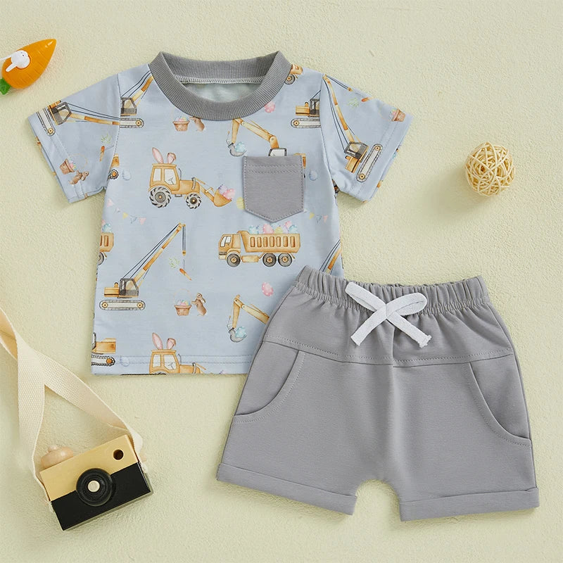Toddler Boy Summer Outfits Excavator Print Round Neck Short Sleeve Tops with Elastic Waist Shorts Outfit