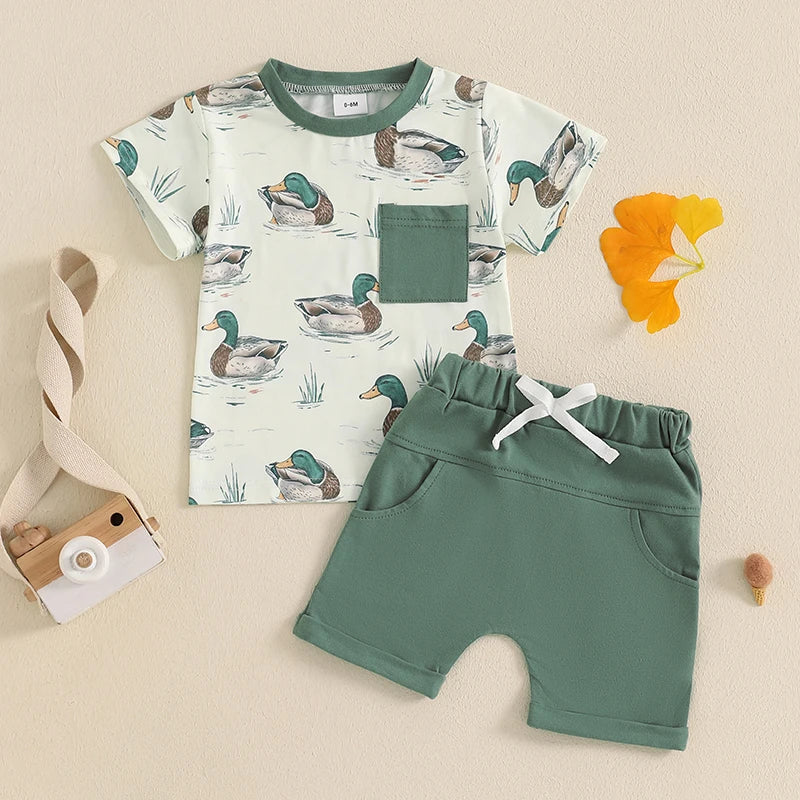Toddler Baby Boy Duck Outfit Short Sleeve T-shirts Elastic Waist Shorts Farm Clothes Summer Set