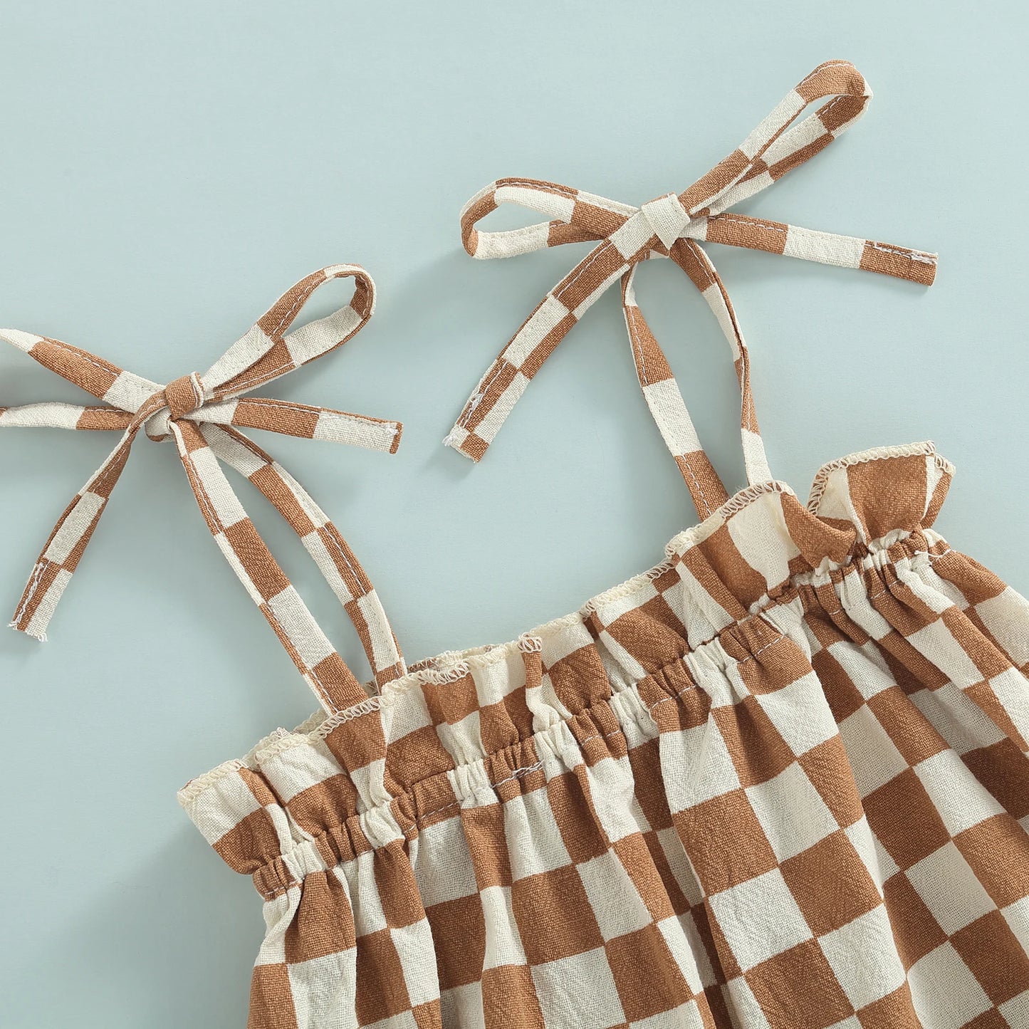 Baby Girls Casual Jumpsuit Brown Plaid Pattern Sleeveless Tie-up Strap Romper Summer Clothing