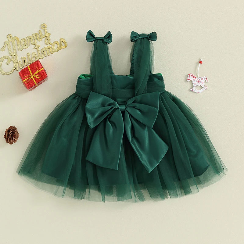 Infant Baby Girls Princess Dress Sleeveless Strap Elegant Bow Tulle Patchwork Christmas Tutu Sundress
