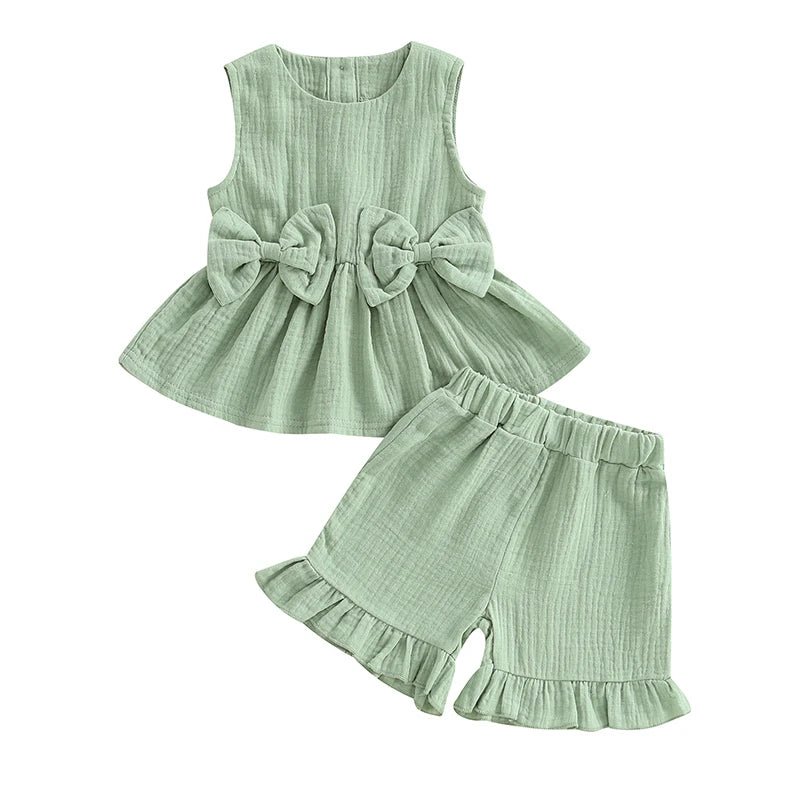 Toddler Baby Girl Summer Clothes Solid Color Bow Round Neck Tank Tops + Elastic Waist Ruffled Shorts Set