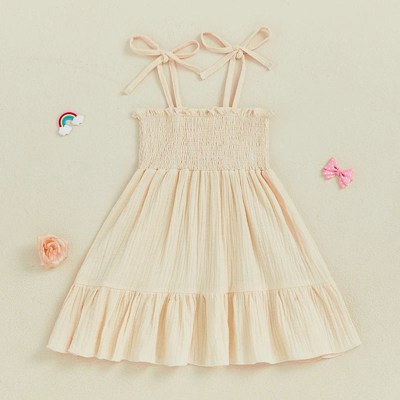 Little Girl Tie Shoulder Dress Solid Smocked Spaghetti Strap Tiered Ruffled Dress Cute Summer Clothes