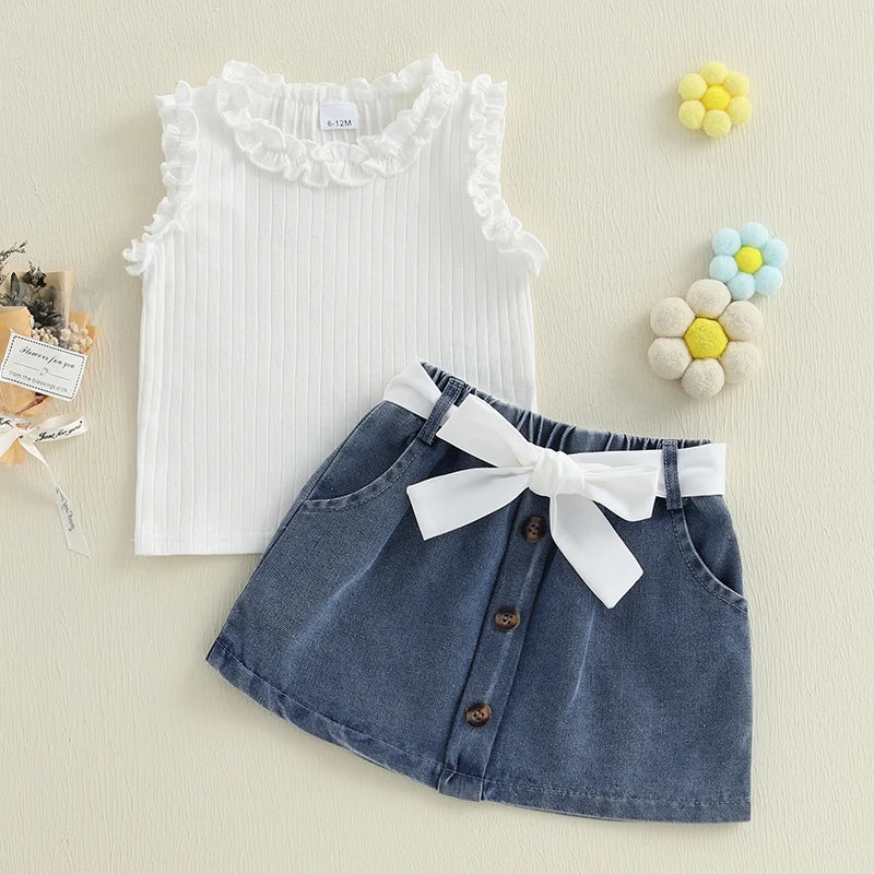 Toddler Kids Girl Outfit Solid Color Ruffles Tank Tops and Button Denim Skirt with Belt Set Summer Clothes